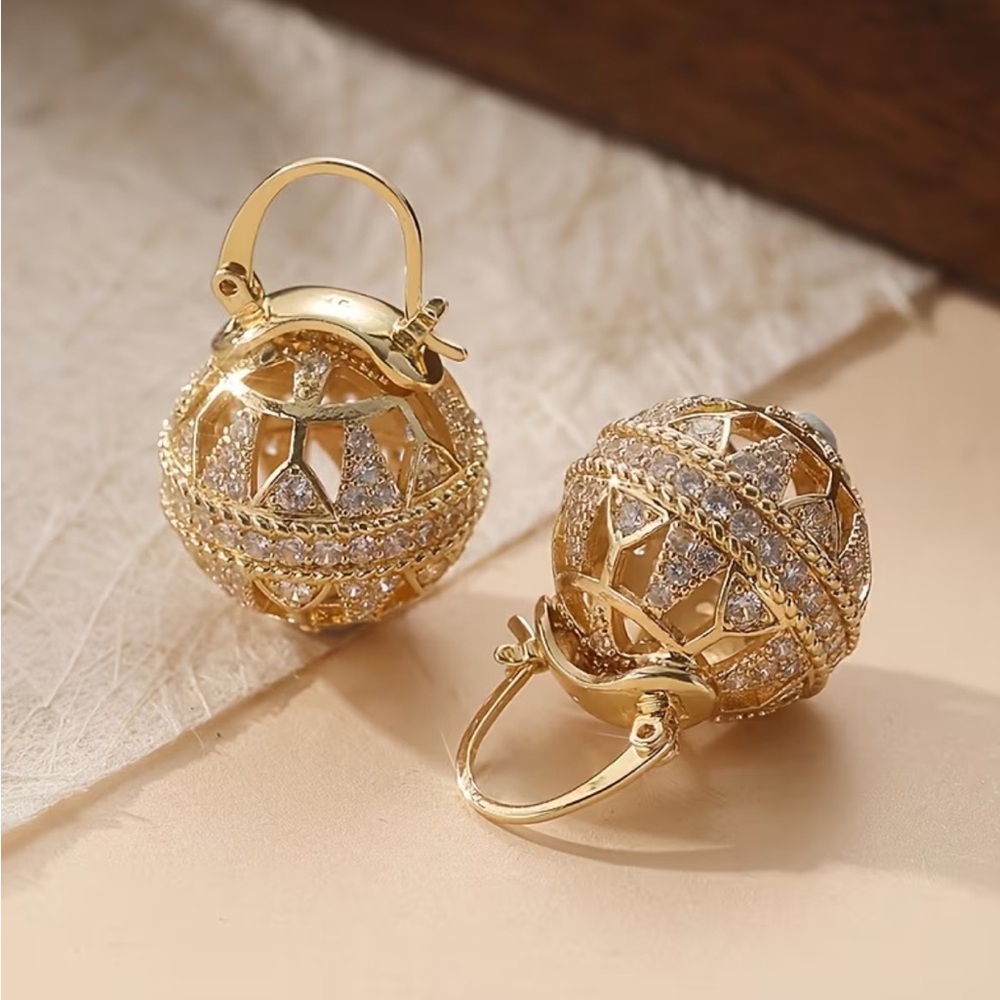 Gold Tone Crystal Orb Drop Earrings Geometric Statement Hoop